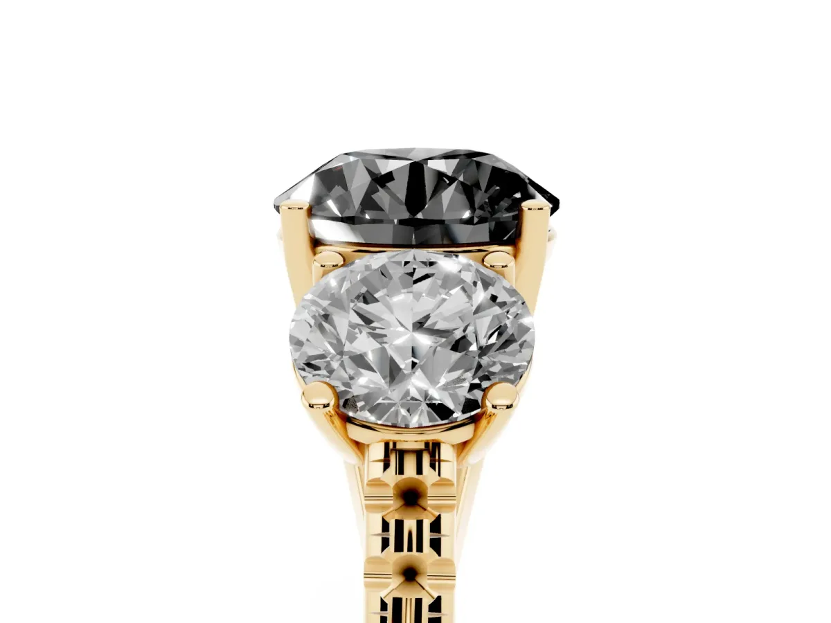Fancy Black Three-Stone Round Cut Diamond Ring with Round Pavé Band and Prong Setting Yellow gold