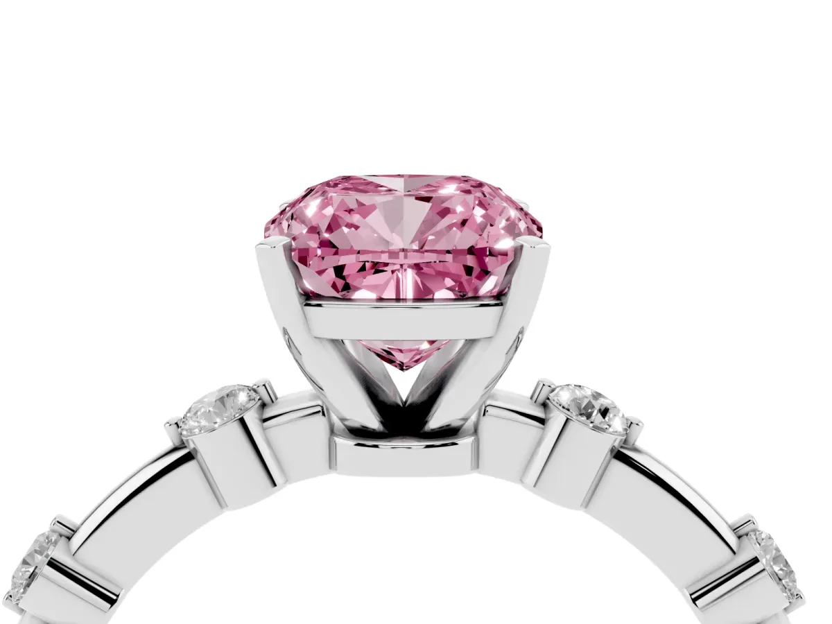 Fancy Pink Cushion Cut Solitaire Diamond Ring with Bezel Set Side Stones and Prong Setting Silver