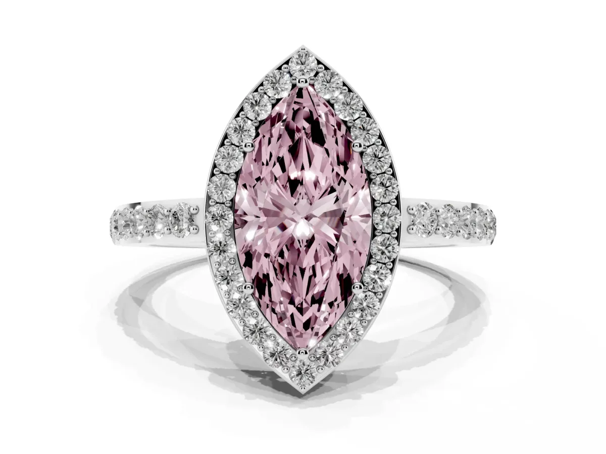 Fancy Pink Marquise Cut Halo Diamond Pavé Band Ring with Prong Setting Silver