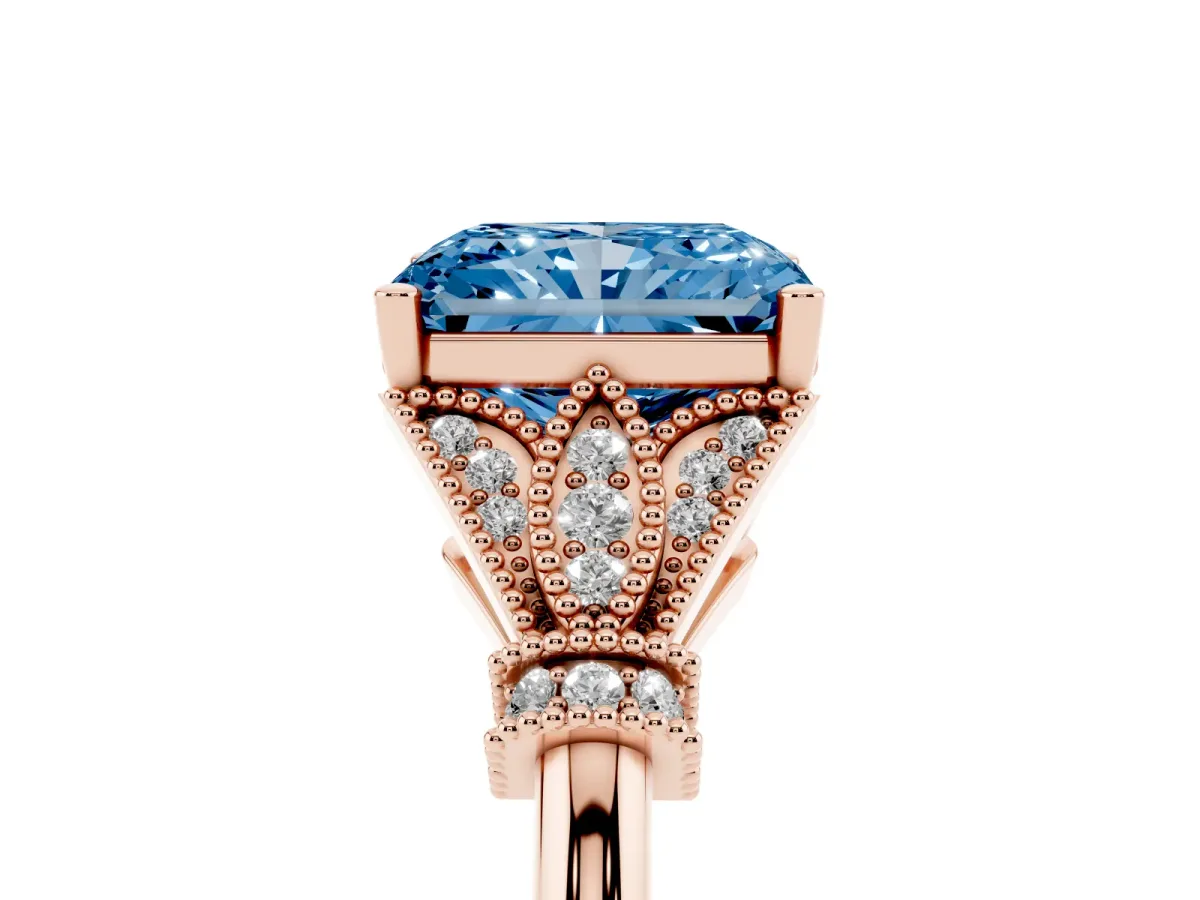 Fancy Blue Radiant Cut Diamond Solitaire Ring with Floral Filigree and Pave Accents Rose gold