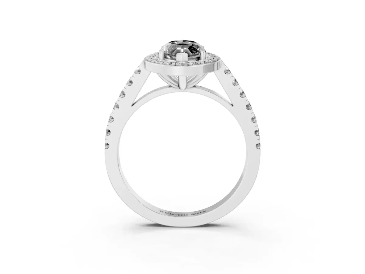 Fancy Black Marquise Cut Diamond Halo Ring with Round Pavé Split Shank and Prong Setting Silver