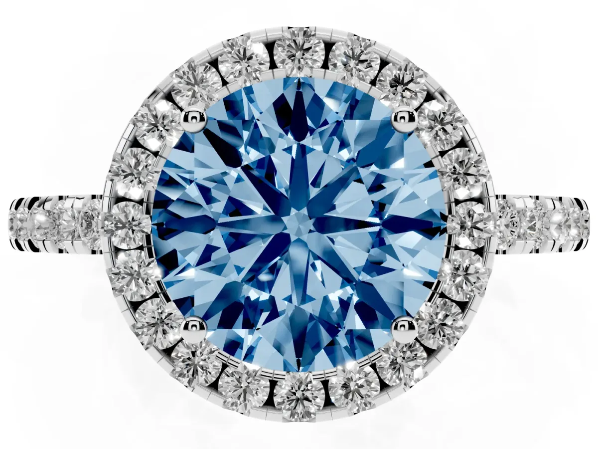 Fancy Blue Round Cut Halo Diamond Engagement Ring with Pavé Band and Four-Prong Setting Platinum