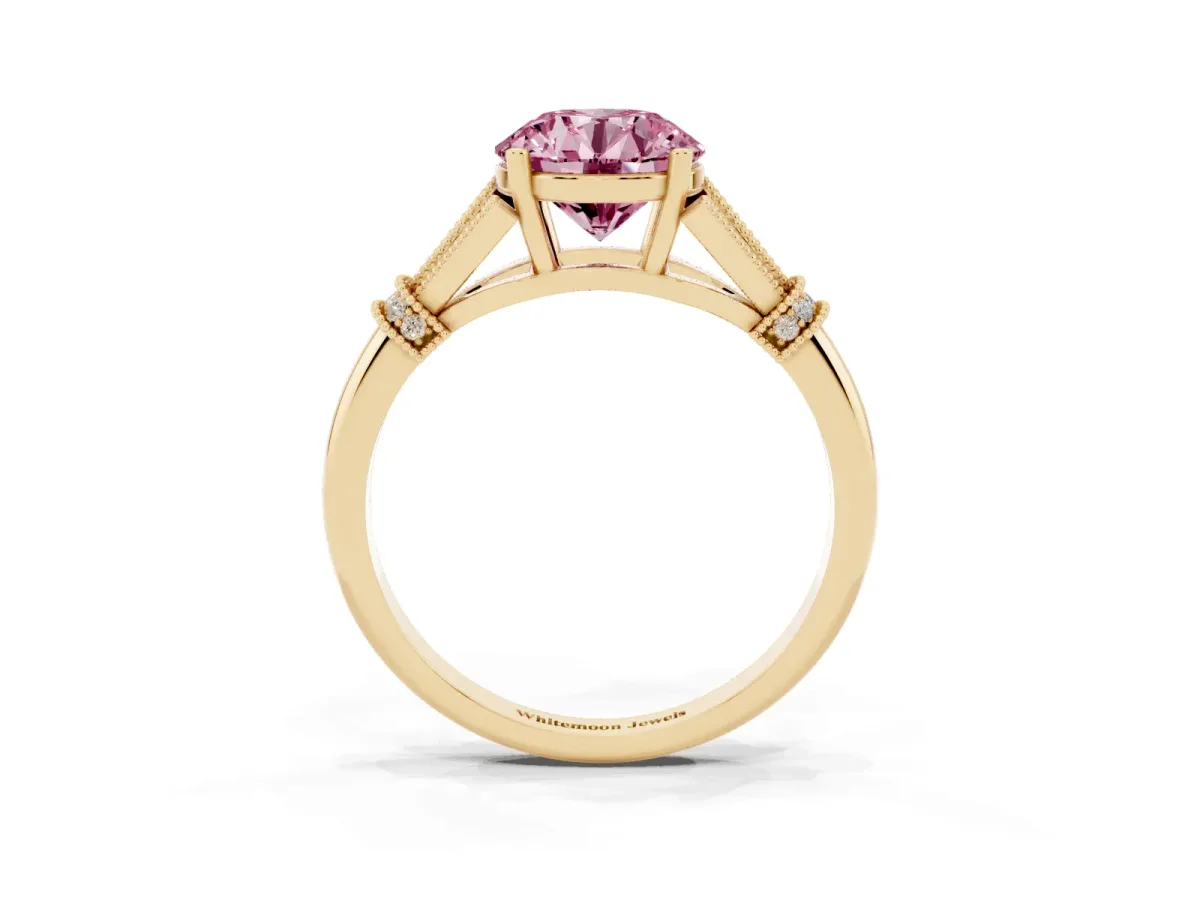 Fancy Pink Round Cut Diamond Solitaire Ring with Floral Filigree and Pave Accents Yellow gold