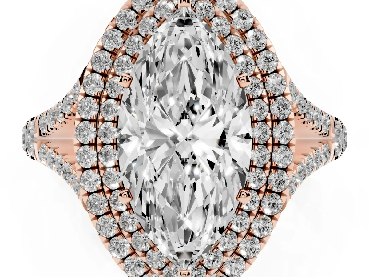 Double Halo Marquise Cut Diamond Split Shank Engagement Ring with Four-Prong Setting Rose gold
