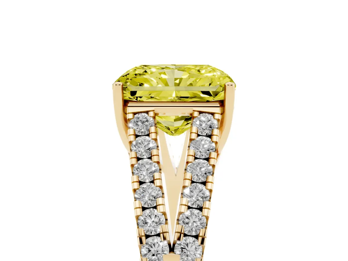 Fancy Yellow Radiant Cut Diamond Split Shank Pavé Engagement Ring with Four-Prong Setting Yellow gold