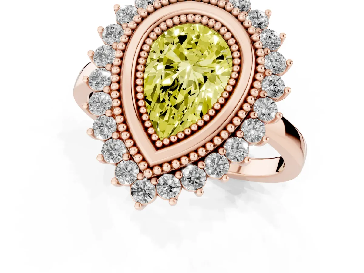 Fancy Yellow Pear Cut Halo Diamond Ring with Milgrain Edge and Round Prong Setting Rose gold