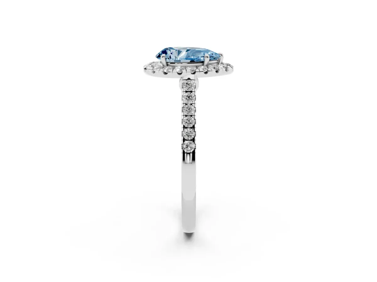 Fancy Blue Pear Cut Halo Pave Diamond Engagement Ring with Four-Prong Setting Silver