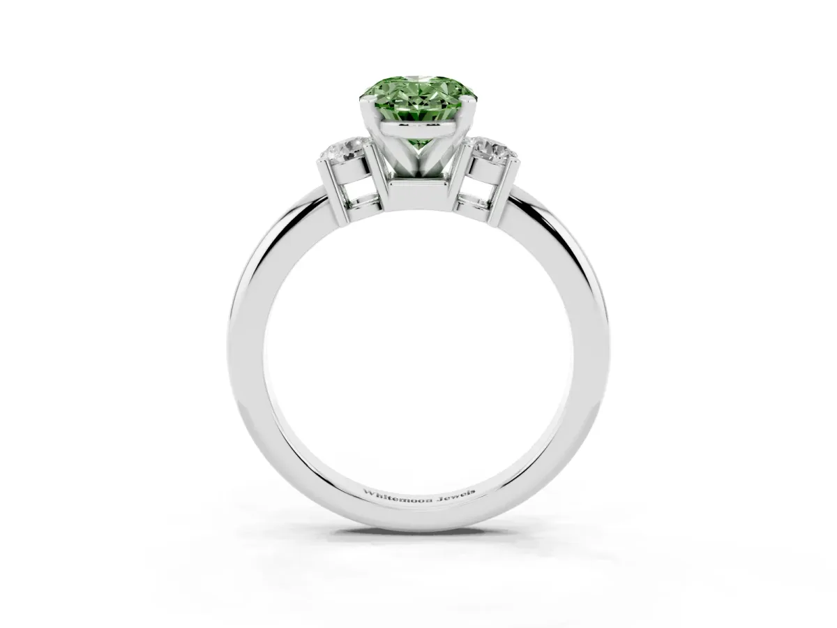 Fancy Green Three-Stone Oval Cut Cut Diamond Solitaire with Prong Setting and Classic Band Silver