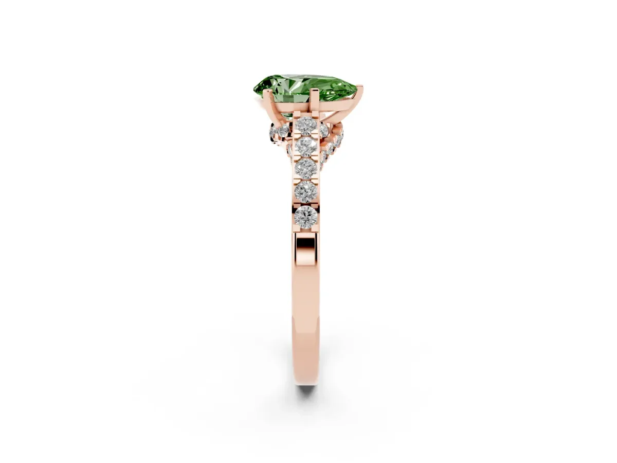 Fancy Green Pear Cut Diamond Solitaire Ring with Crossover Gallery and Round Pavé Band Rose gold