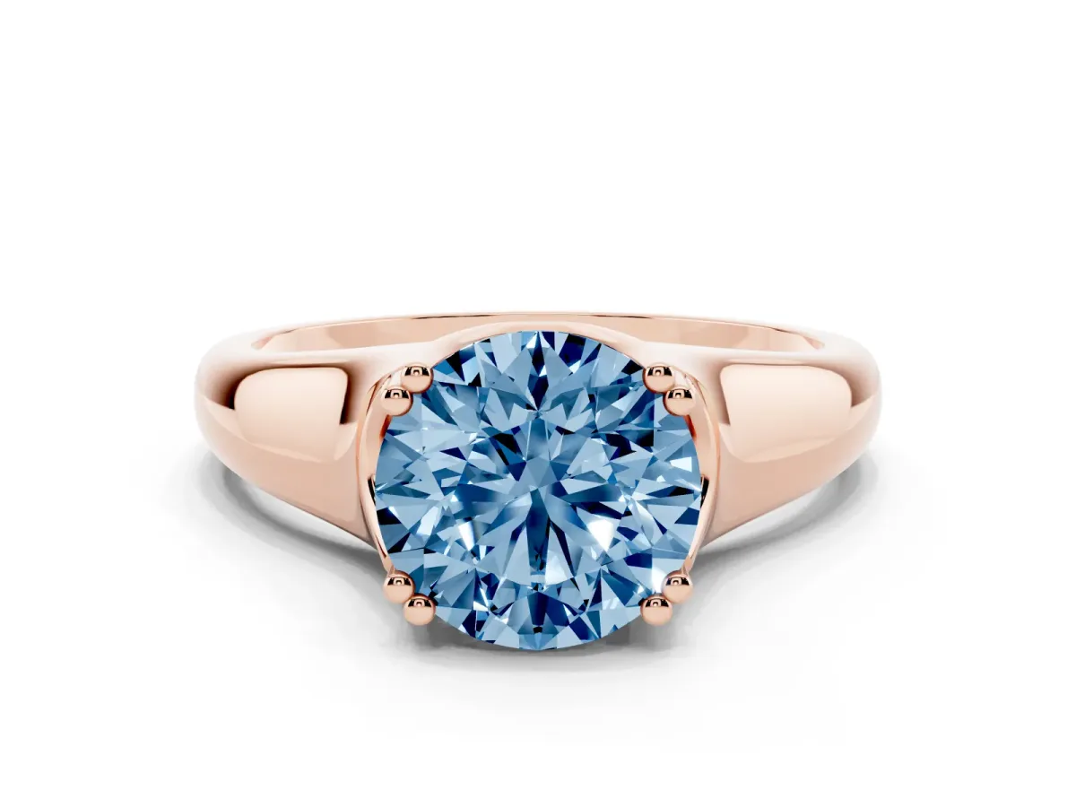 Fancy Blue Round Cut Diamond Solitaire Ring with Wide Band and Prong Setting Rose gold