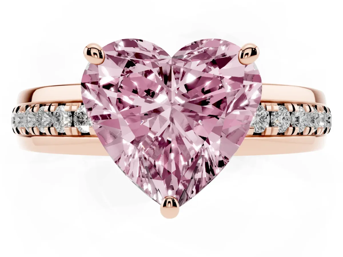 Fancy Pink Heart Cut Solitaire Diamond Ring with Channel Set Band and Six-Prong Setting Rose gold