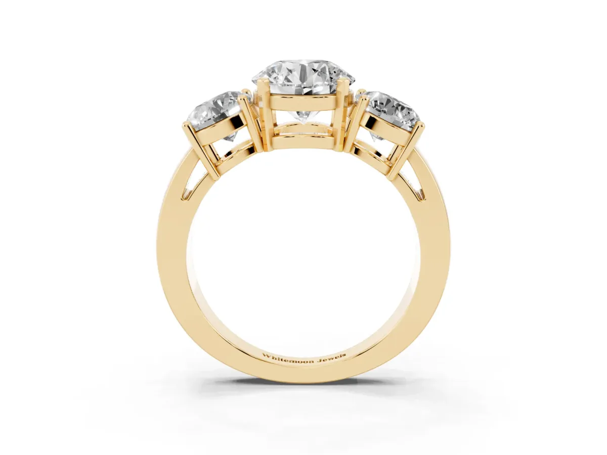 Three-Stone Round Cut Diamond Ring with Round Side Stones, Classic Band, and Four-Prong Setting Yellow gold