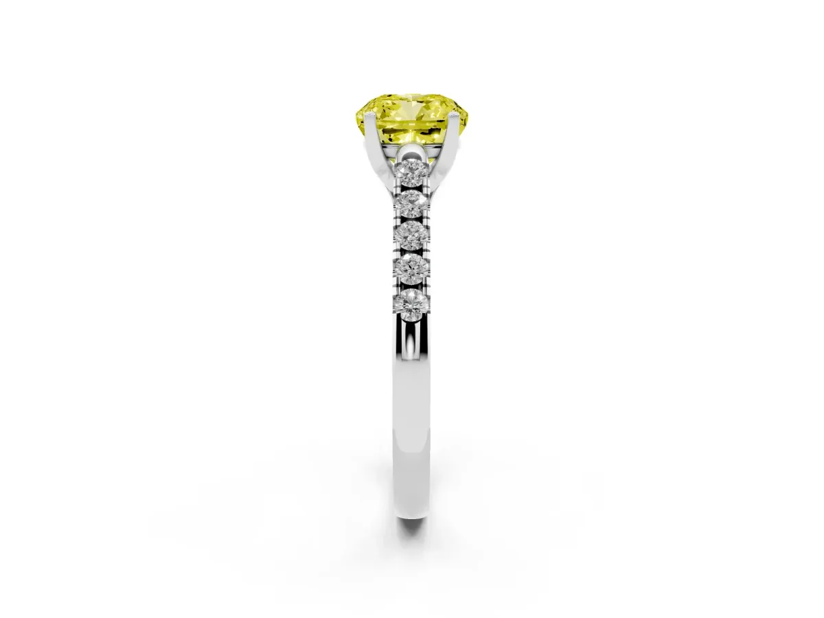 Fancy Yellow Cushion Cut Diamond Pavé Band Solitaire Ring with Prong Setting Platinum