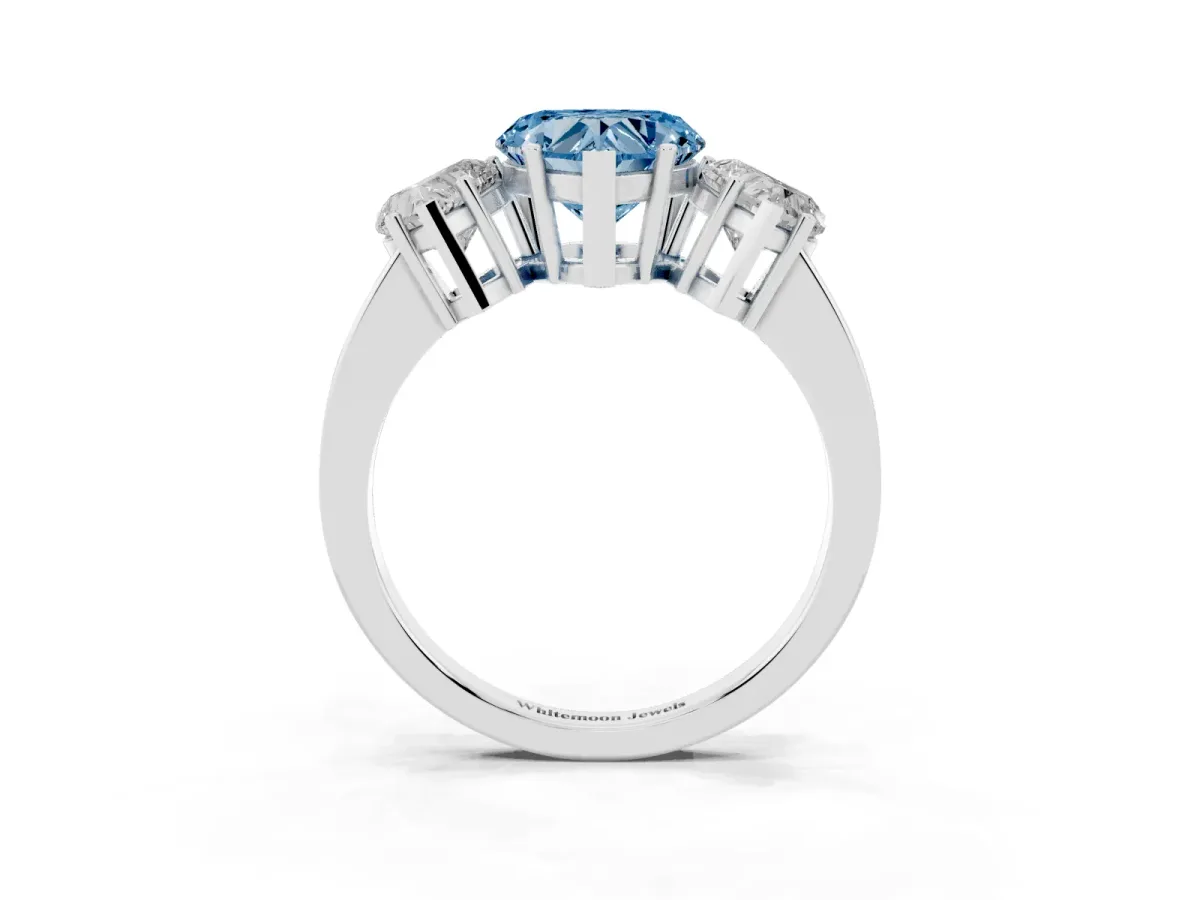 Fancy Blue Three-Stone Heart Cut Cut Diamond Engagement Ring with Flat Band and Four-Prong Setting Silver
