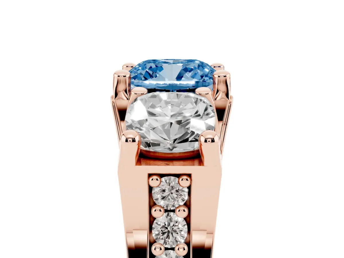 Fancy Blue Cushion Cut Diamond Three-Stone Ring with Channel Set Band and Four-Prong Setting Rose gold