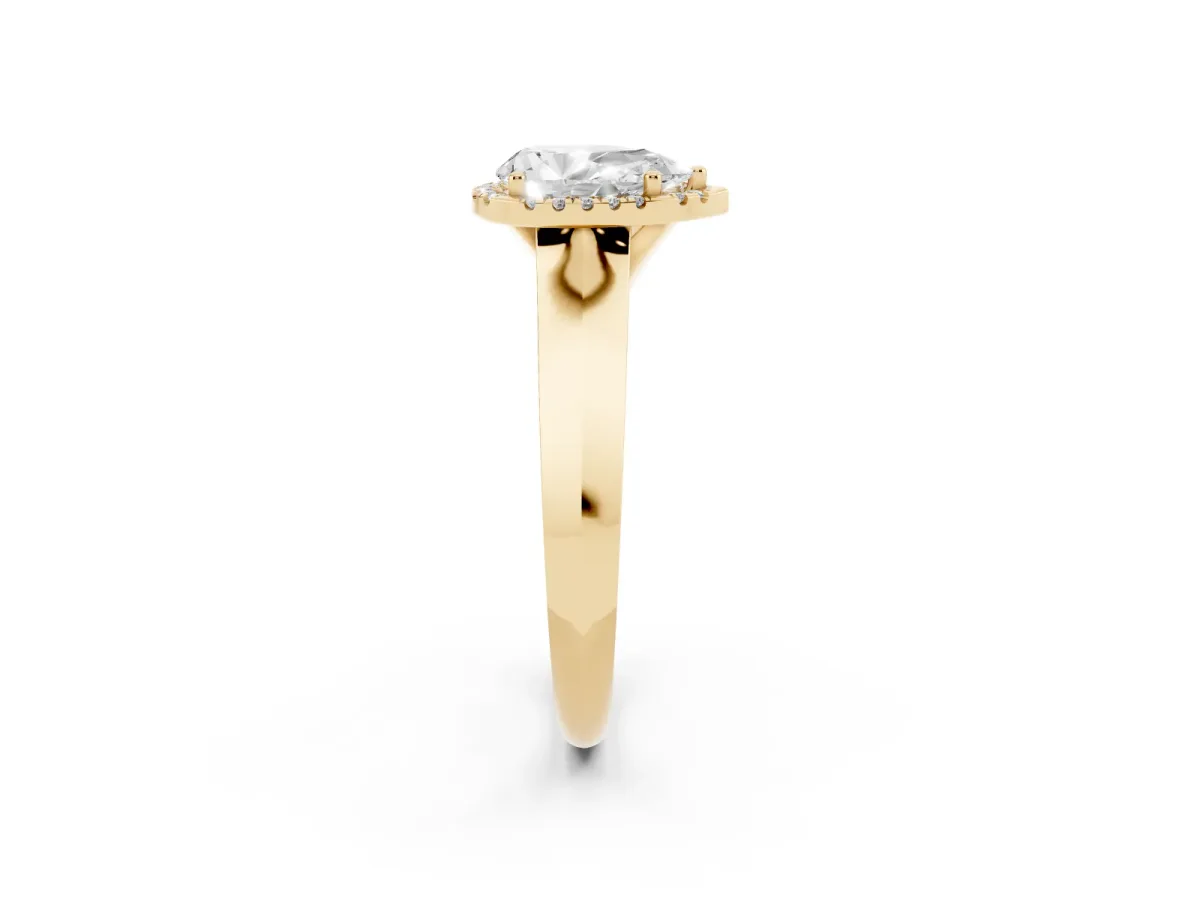 Pear Cut Halo Diamond Ring with Cathedral Band and Four-Prong Setting Yellow gold