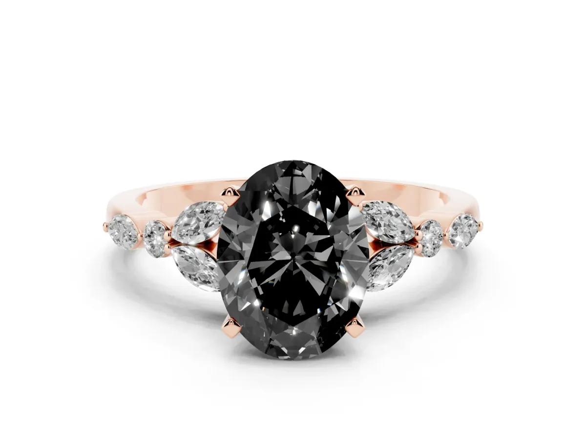 Fancy Black Oval Cut Diamond Solitaire Ring with Side Stones and Four-Prong Setting Rose gold