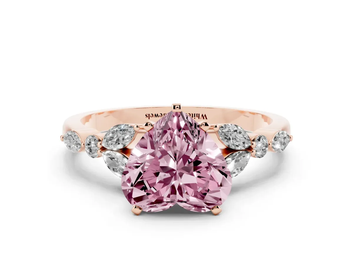 Fancy Pink Heart Cut Diamond Solitaire Ring with Side Stones and Four-Prong Setting Rose gold