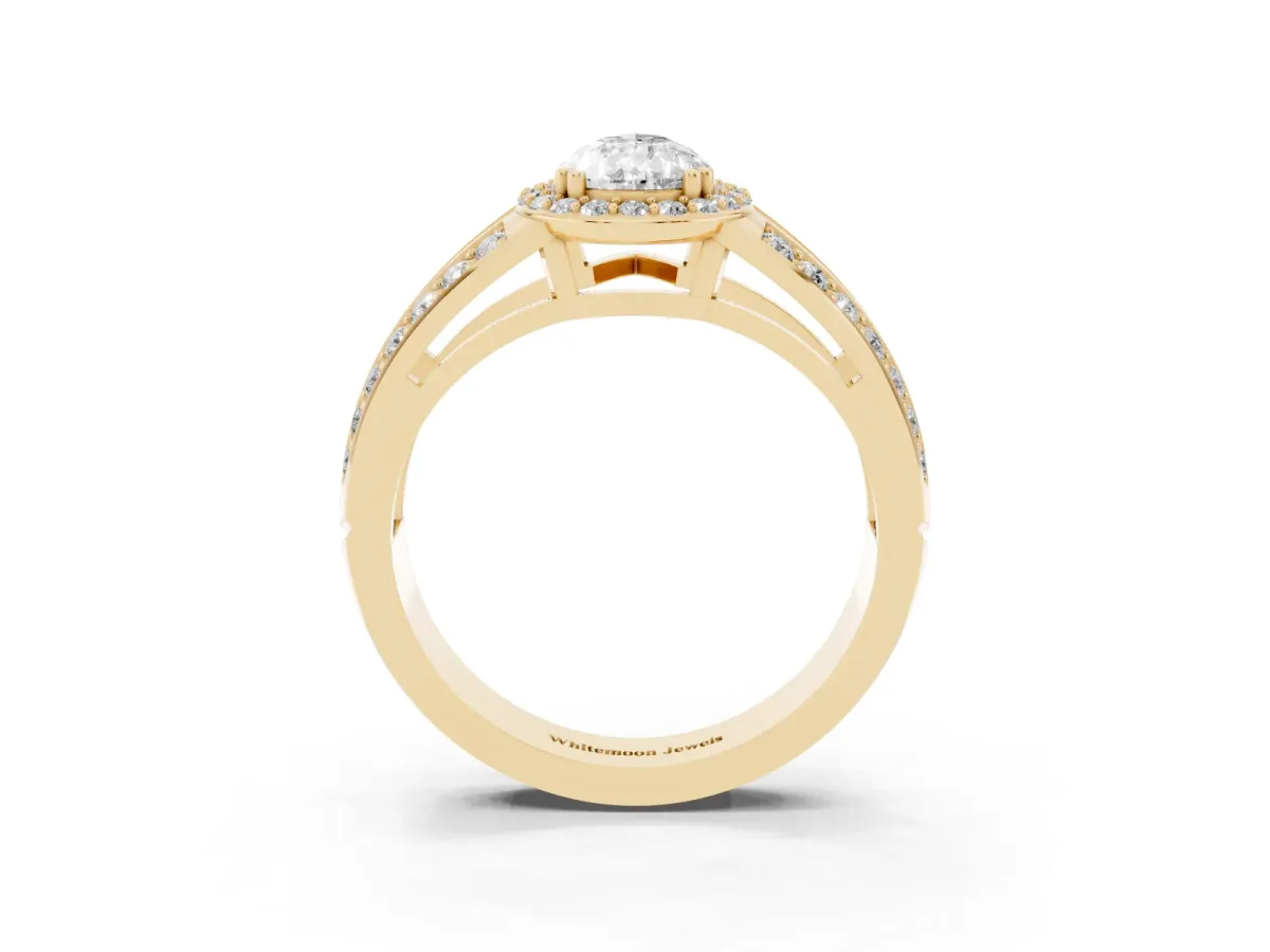 Pear Cut Diamond Halo Ring with Split Shank Pavé Band and Four-Prong Setting Yellow gold