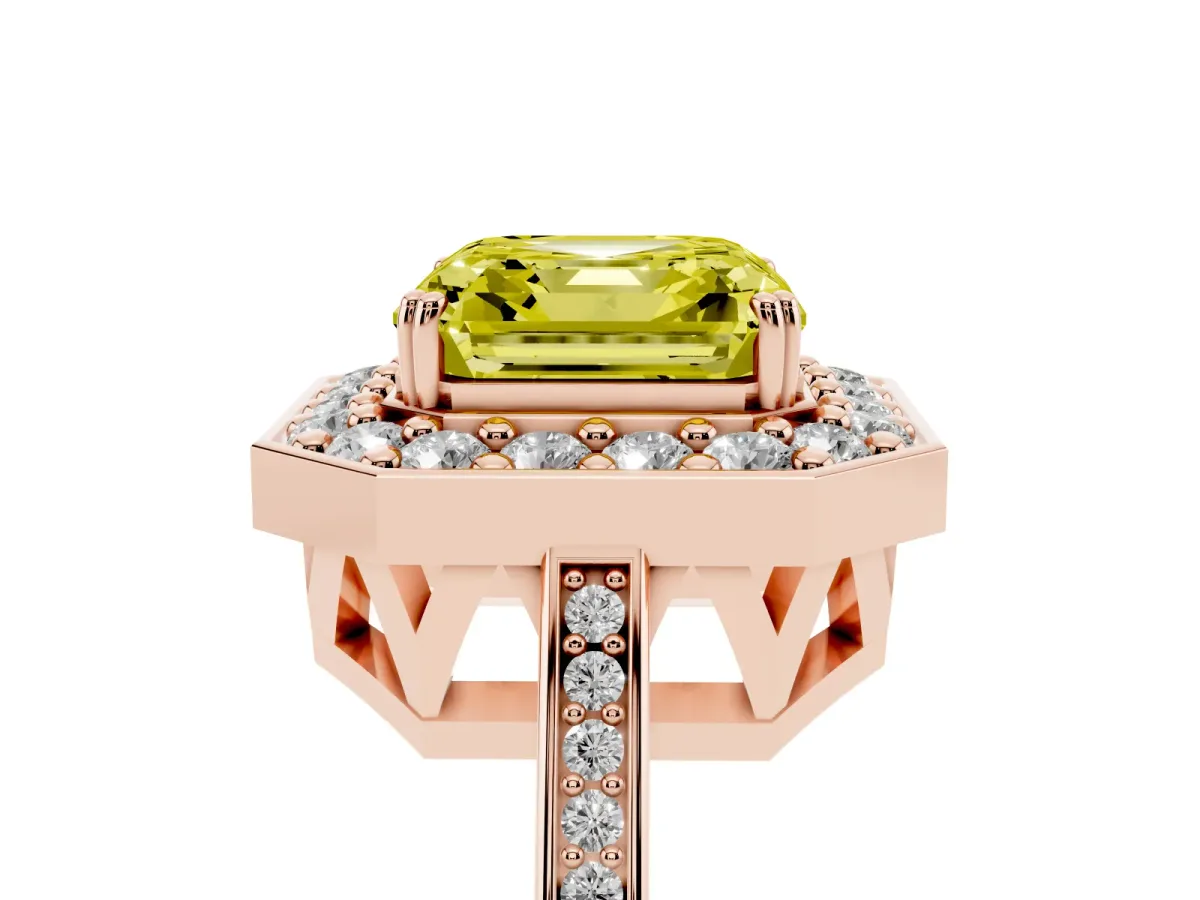 Fancy Yellow Asscher Cut Diamond Halo Ring with Split Shank and Four-Prong Setting Rose gold