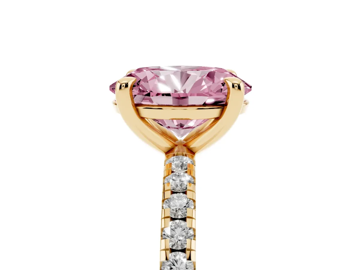 Fancy Pink Oval Cut Diamond Brilliant Solitaire Ring with Pavé Band and Four-Prong Setting Yellow gold