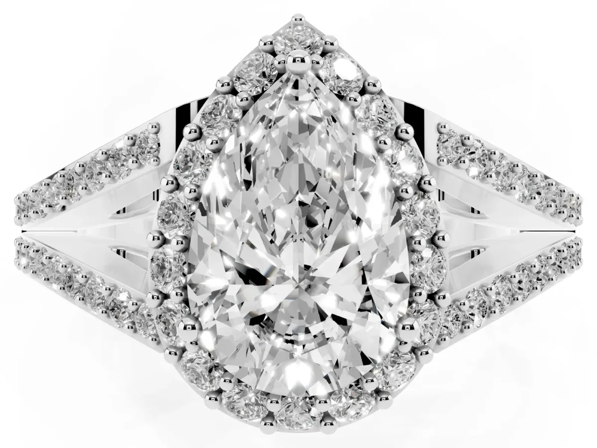 Pear Cut Halo Split Shank Pave Diamond Ring with Four-Prong Setting White gold