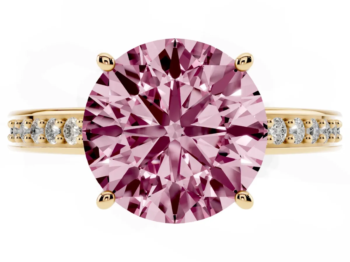 Fancy Pink Round Cut Solitaire Pavé Band Prong Setting Ring Yellow gold