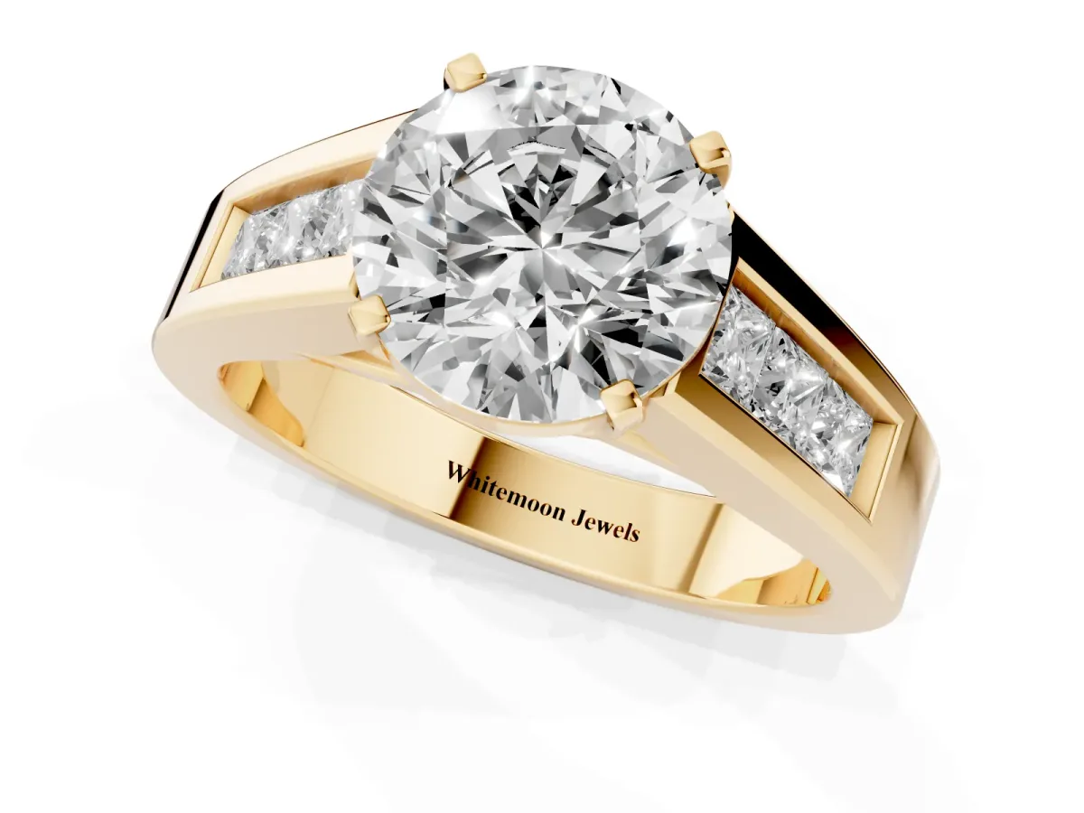 Round Cut Cut Channel Set Solitaire Ring with Four-Prong Setting Yellow gold