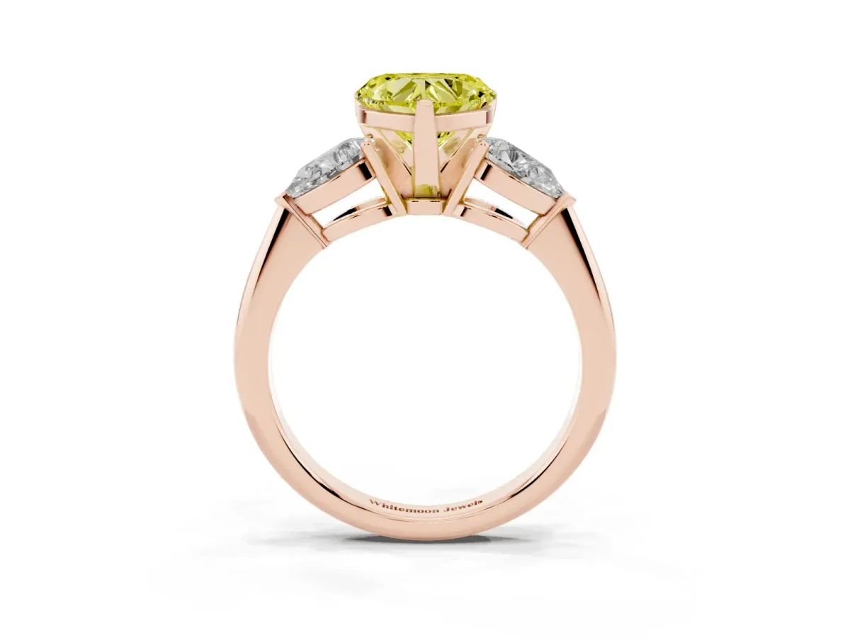 Fancy Yellow Three-Stone Heart Cut Diamond Ring with Pear Side Stones and Four-Prong Setting Rose gold