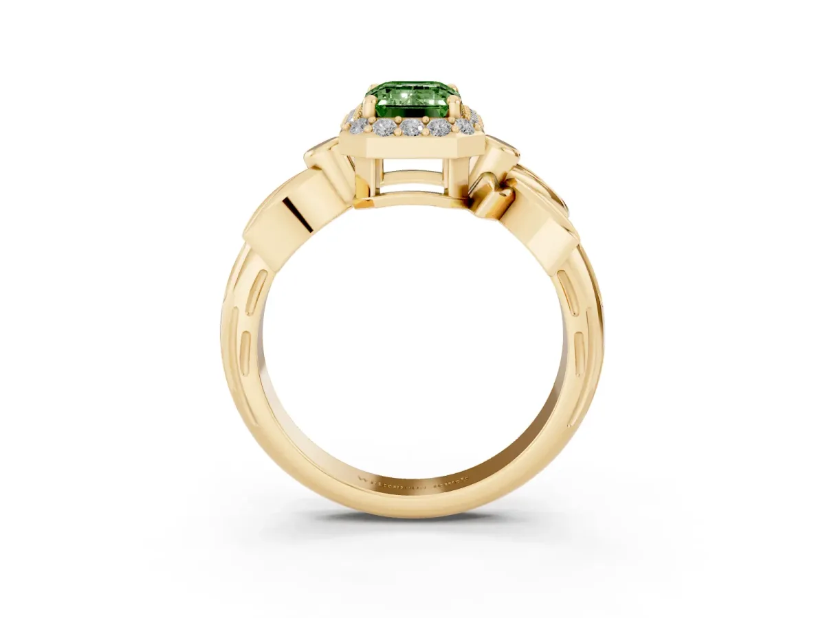 Fancy Green Emerald Cut Halo Diamond Floral Band with Four-Prong Setting Yellow gold