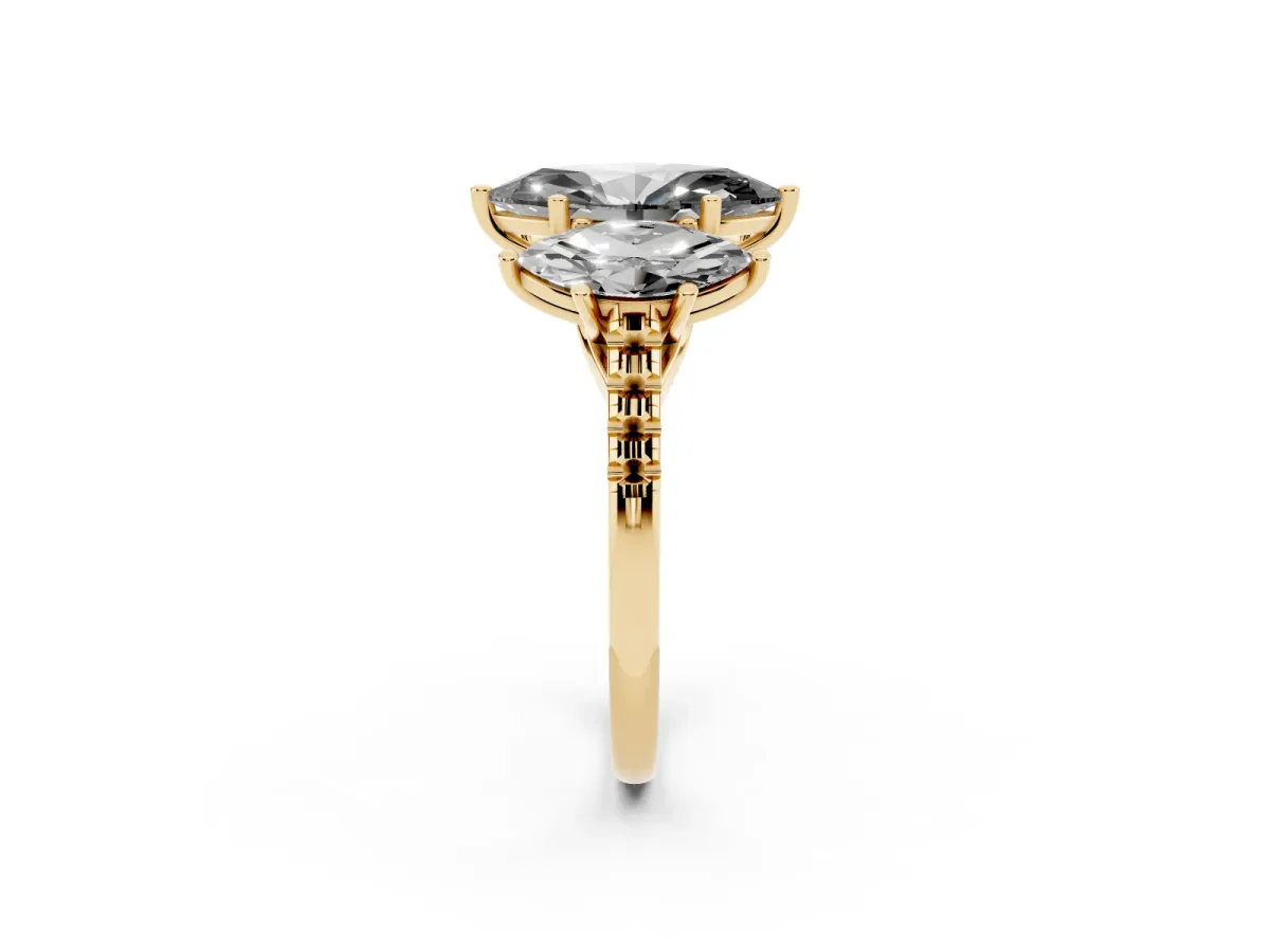 Fancy Black Three-Stone Marquise Cut Diamond Ring with Round Pavé Band and Prong Setting Yellow gold
