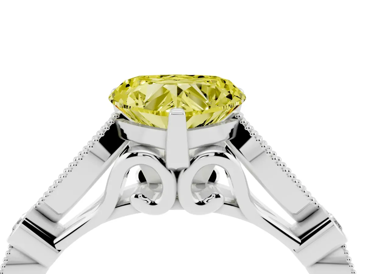 Fancy Yellow Heart Cut Cut Diamond with Milgrain Marquise and Bezel Accents on a Solitaire Band with Prong Setting White gold