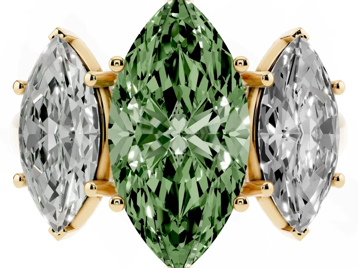 Fancy Green Three-Stone Marquise Cut Diamond Engagement Ring with Prong Setting Yellow gold
