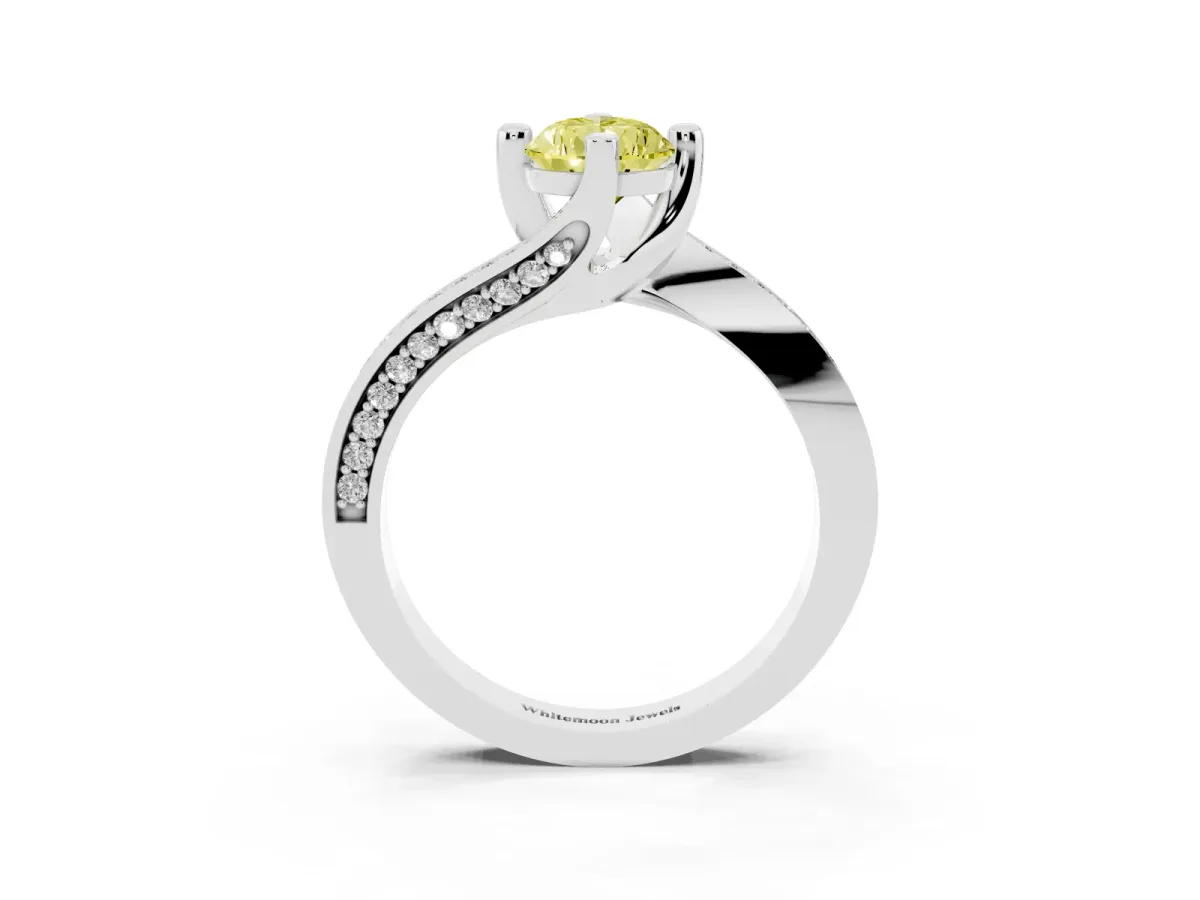 Fancy Yellow Pear Cut Solitaire Diamond Twist Band with Pavé Setting and Four-Prong Setting Silver
