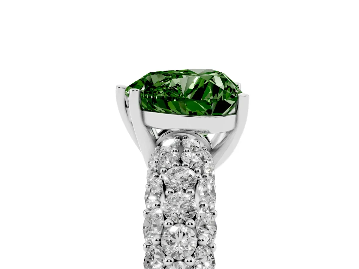 Fancy Green Heart Cut Diamond Pavé Band Solitaire Ring with Four-Prong Setting Silver