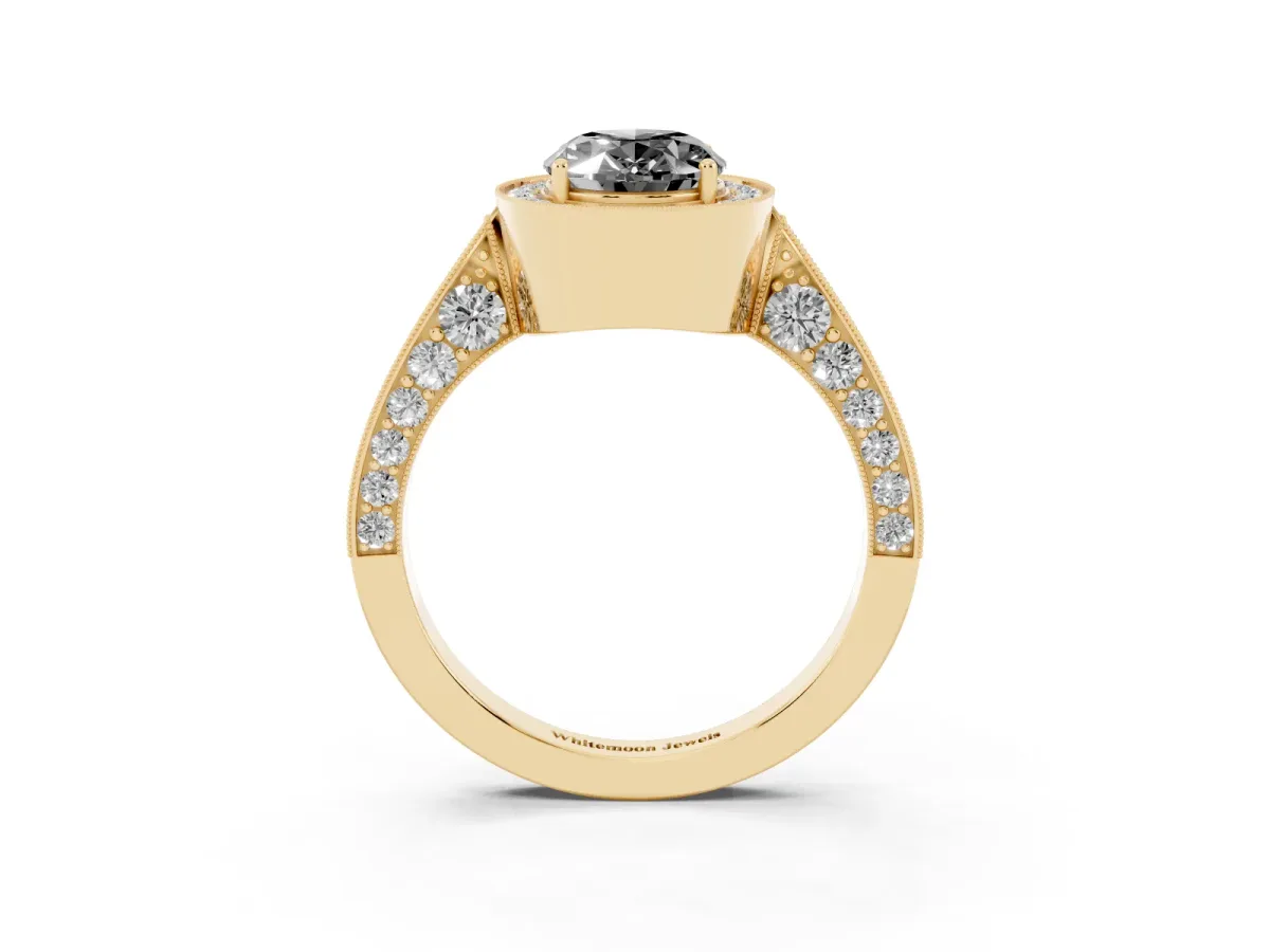 Fancy Black Oval Cut Halo Diamond Engagement Ring with Split Shank Band and Four-Prong Setting Yellow gold