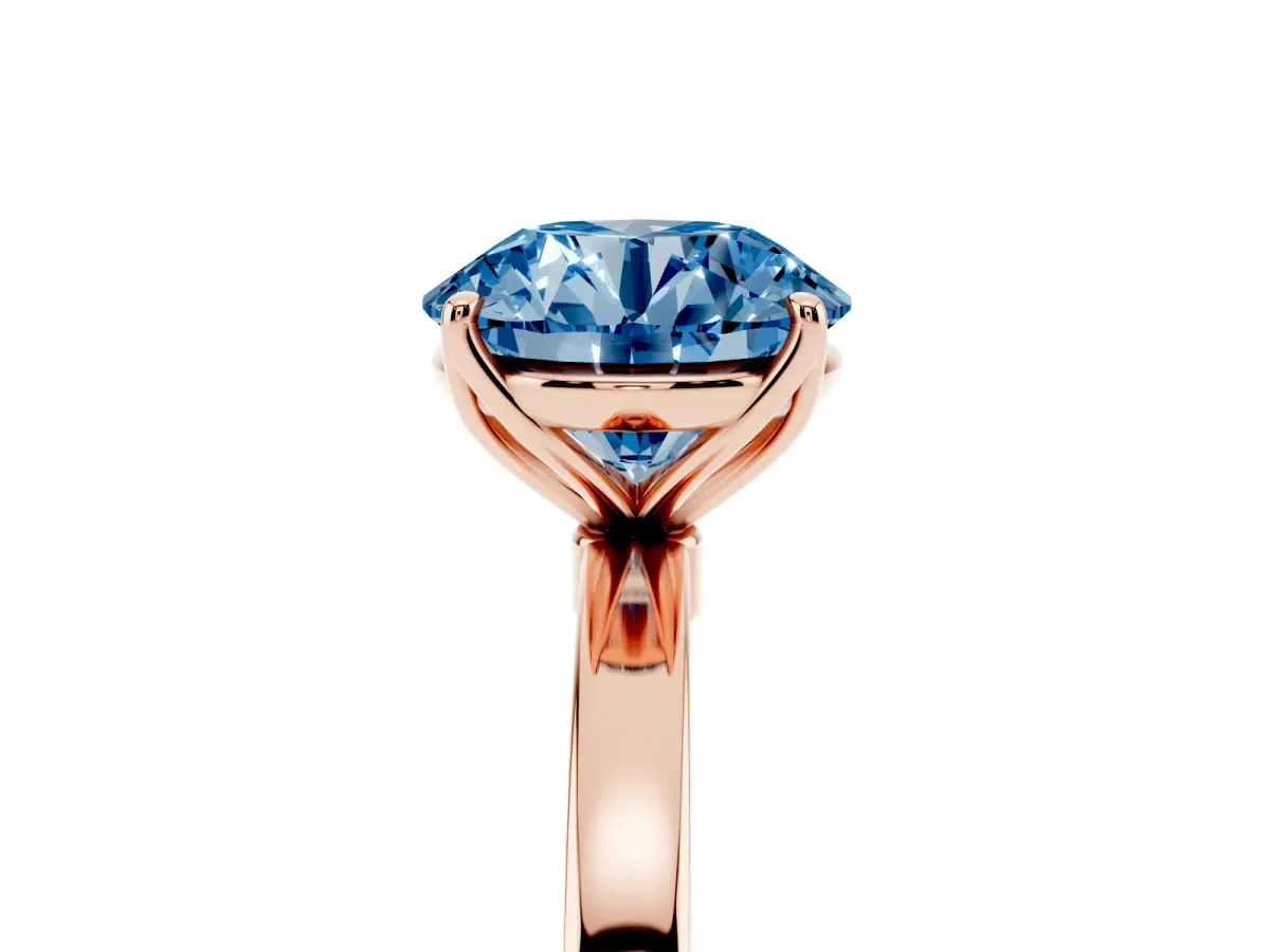 Fancy Blue Round Cut Diamond Solitaire Ring with Thin Band and Prong Setting Rose gold