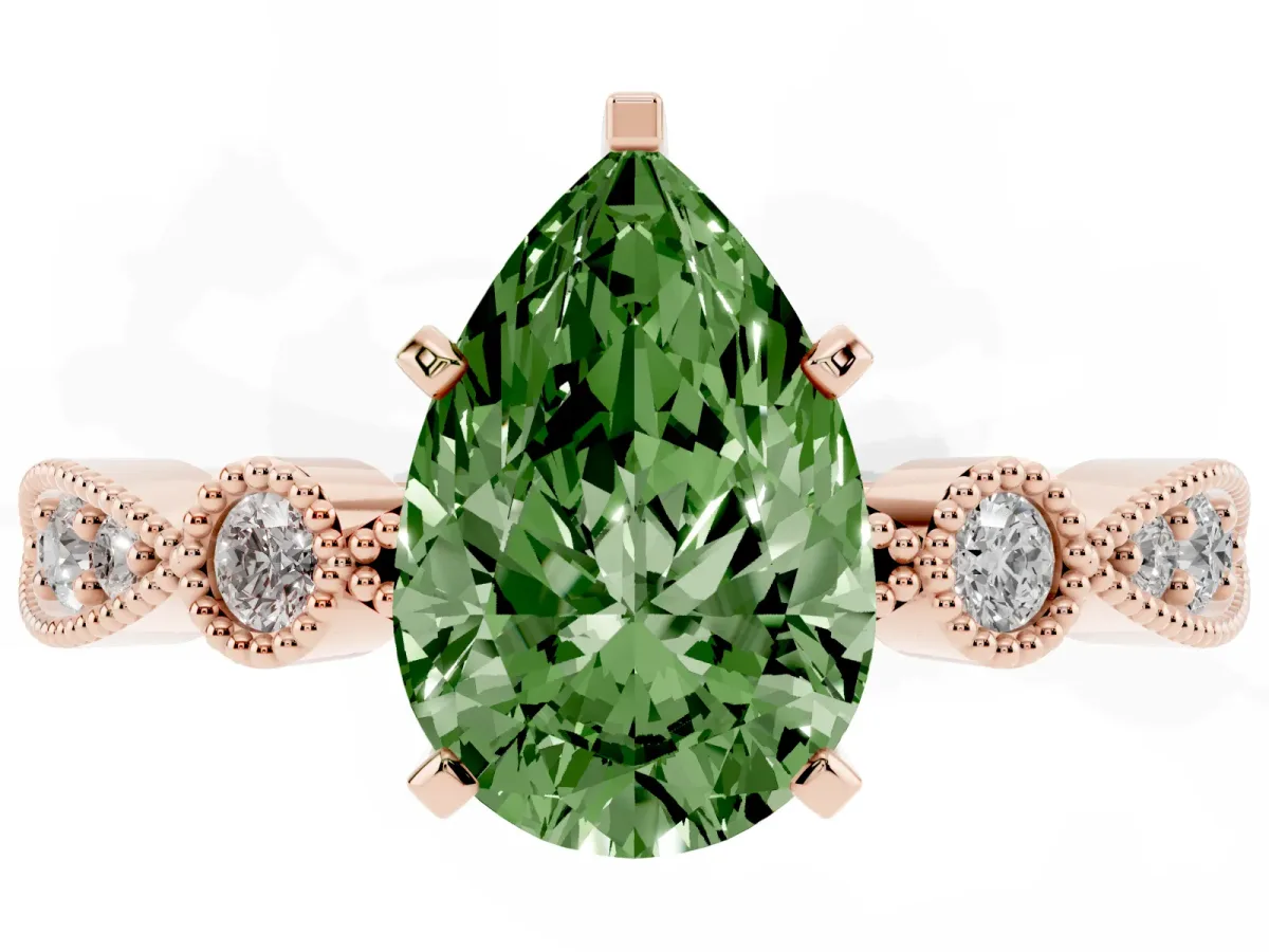 Fancy Green Pear Cut Milgrain Bezel Diamond Engagement Ring with Solitaire Prong Setting Rose gold