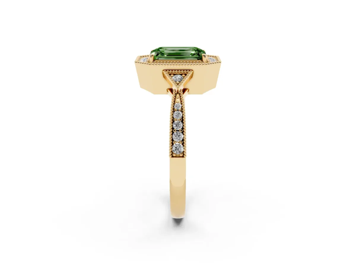 Fancy Green Emerald Cut Halo Round Diamond Milgrain Pave Engagement Ring Yellow gold