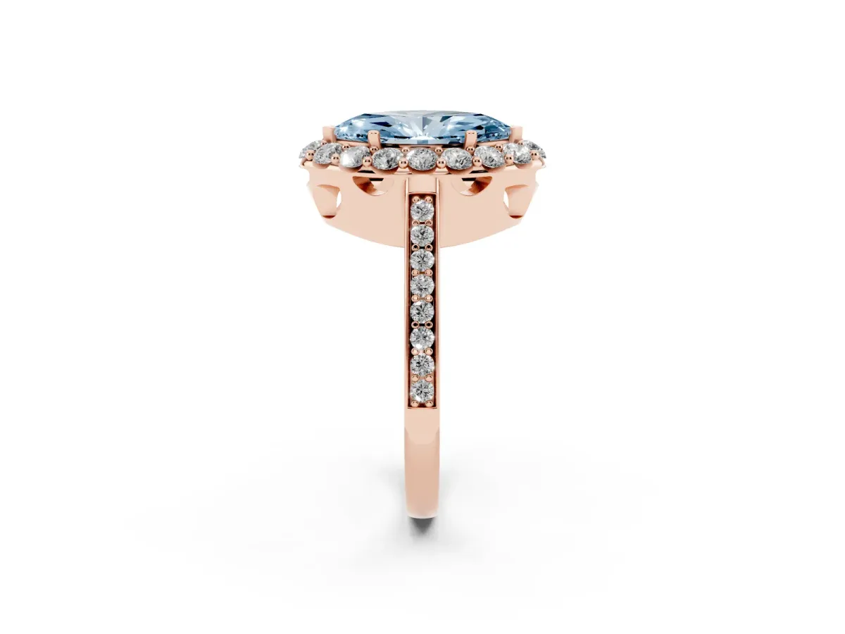 Fancy Blue Marquise Cut Diamond Floral Halo Ring with Pavé Band and Prong Setting Rose gold