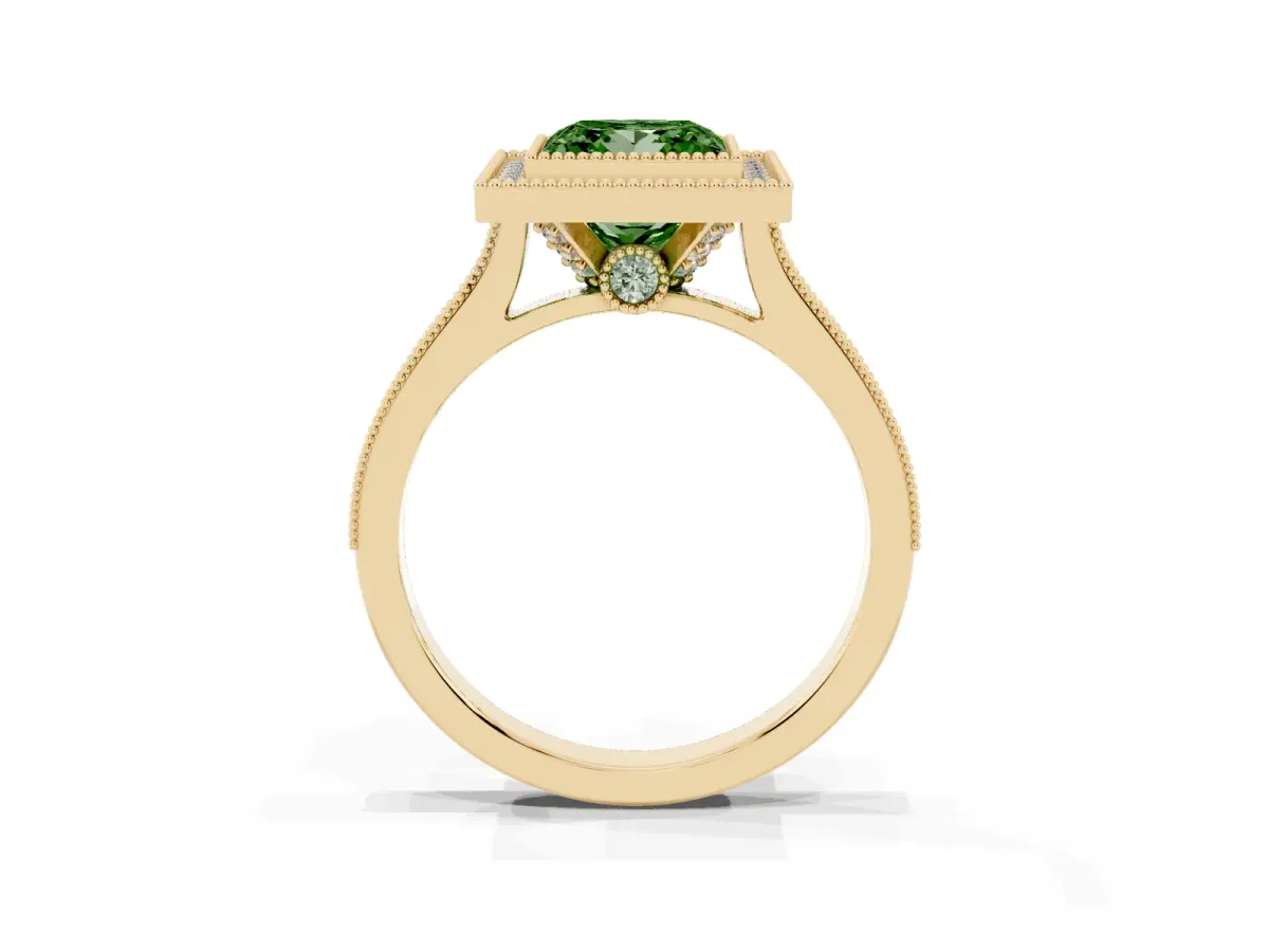 Fancy Green Halo Princess Cut-Cut Diamond Pave Band Milgrain Prong Setting Ring Yellow gold