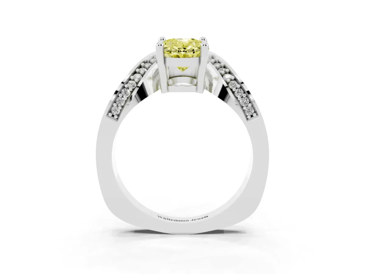 Fancy Yellow Oval Cut Solitaire Diamond Engagement Ring with Pave Band and Four-Prong Setting Platinum