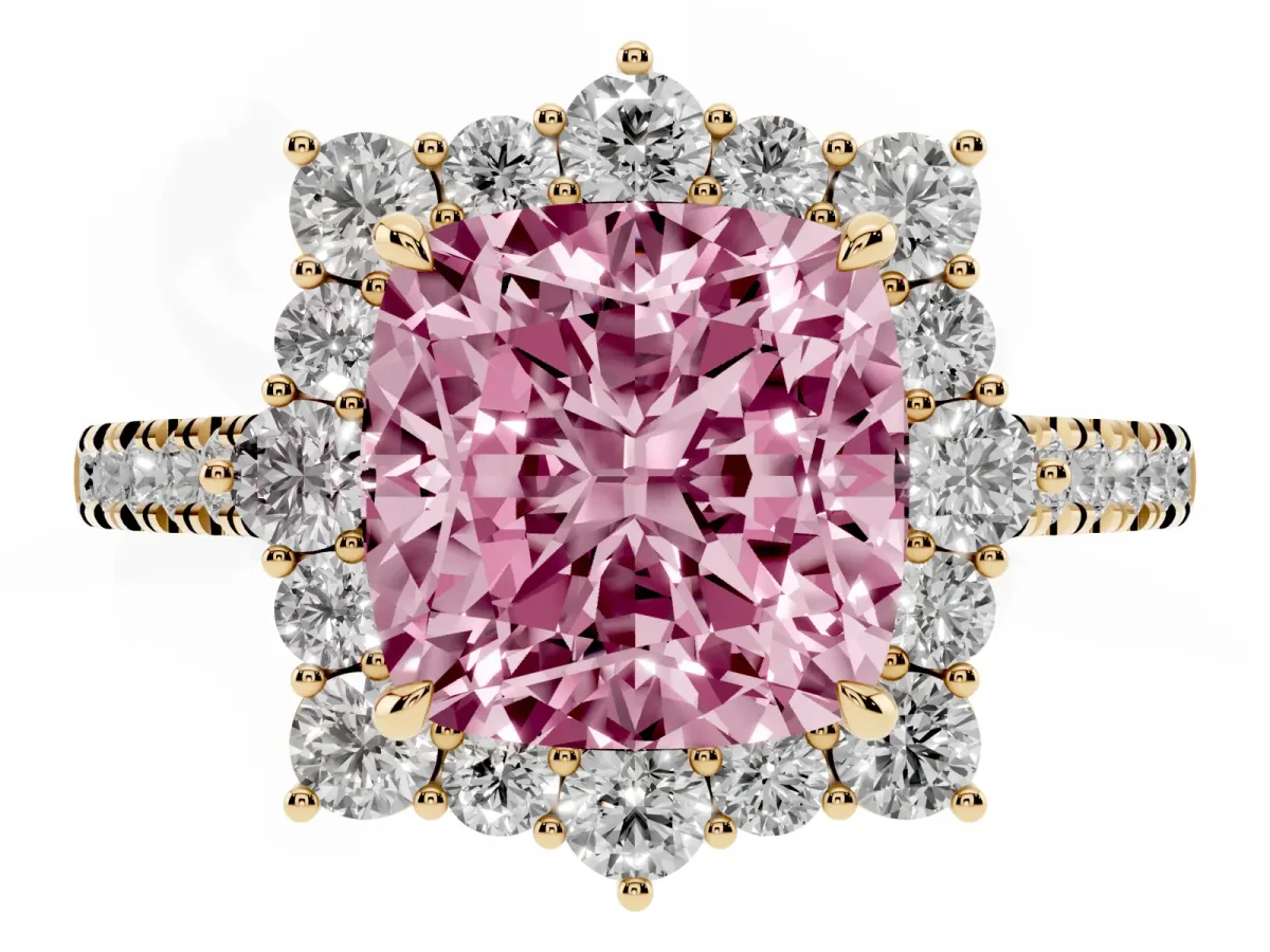 Fancy Pink Cushion Cut Halo Diamond Ring with Pavé Band and Prong Setting Yellow gold