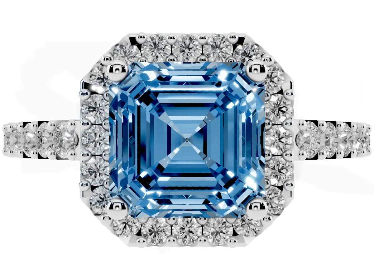 Fancy Blue Asscher Cut Halo Diamond Pavé Solitaire Ring Platinum