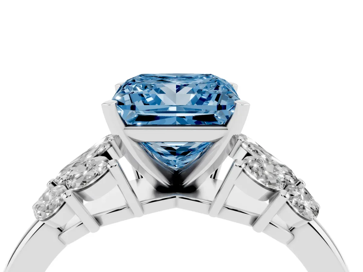 Fancy Blue Princess Cut Diamond Cluster Leaf Design Ring with Prong Setting Silver