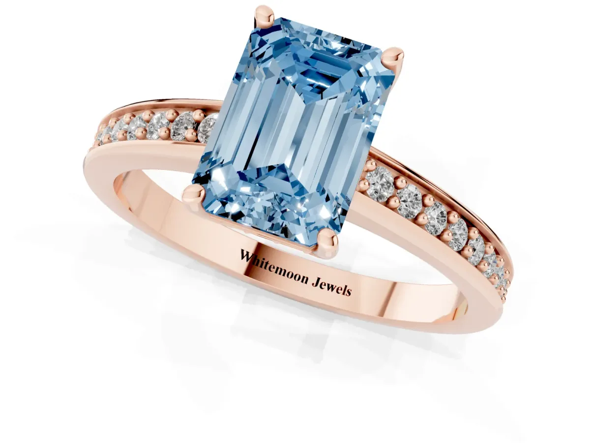 Fancy Blue Emerald Cut Solitaire Pavé Band Prong Setting Ring Rose gold