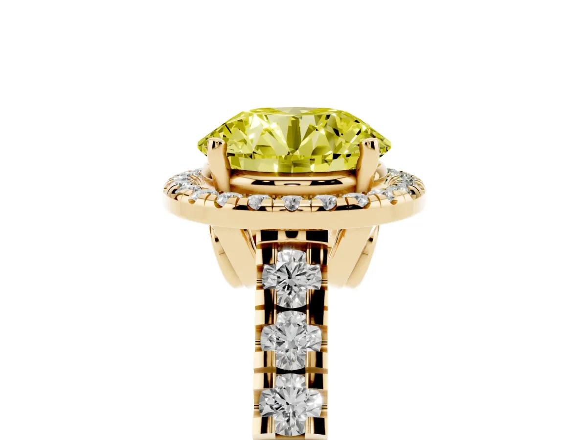 Fancy Yellow Round Cut Halo Pavé Diamond Engagement Ring with Four-Prong Setting Yellow gold