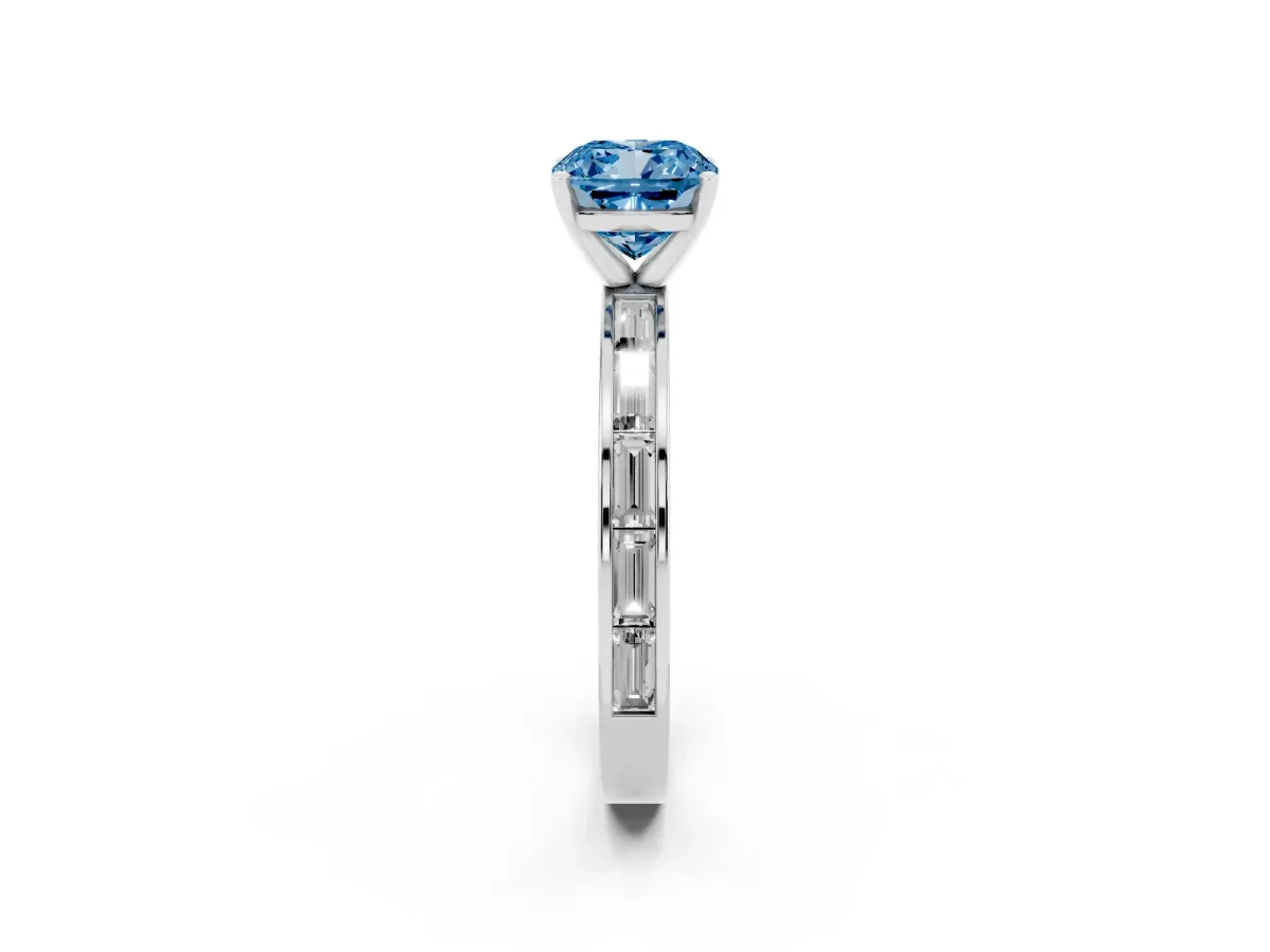 Fancy Blue Cushion Cut Solitaire Diamond Ring with Channel-Set Baguette Band and Four-Prong Setting Platinum