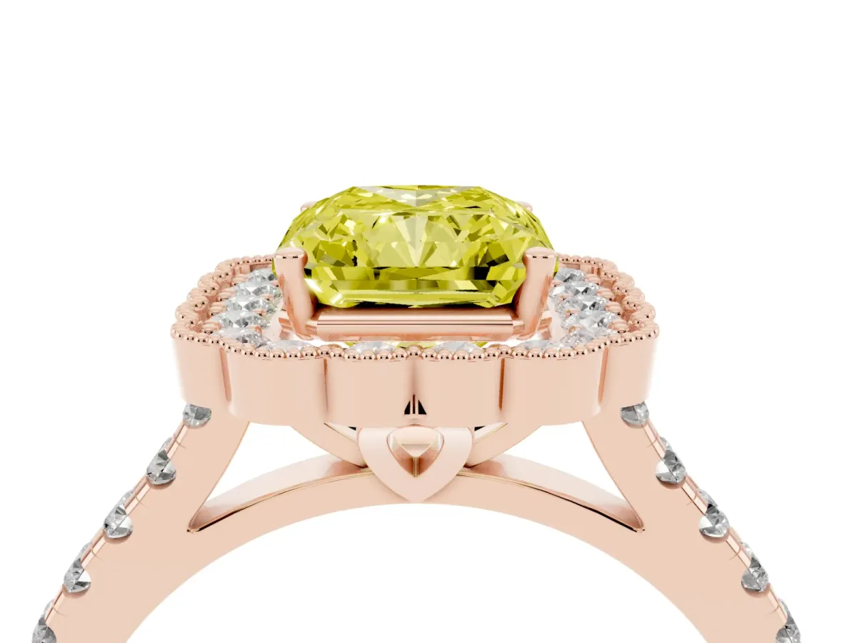 Fancy Yellow Radiant Cut Cut Diamond Milgrain Floral Halo Engagement Ring with Pavé Band Rose gold
