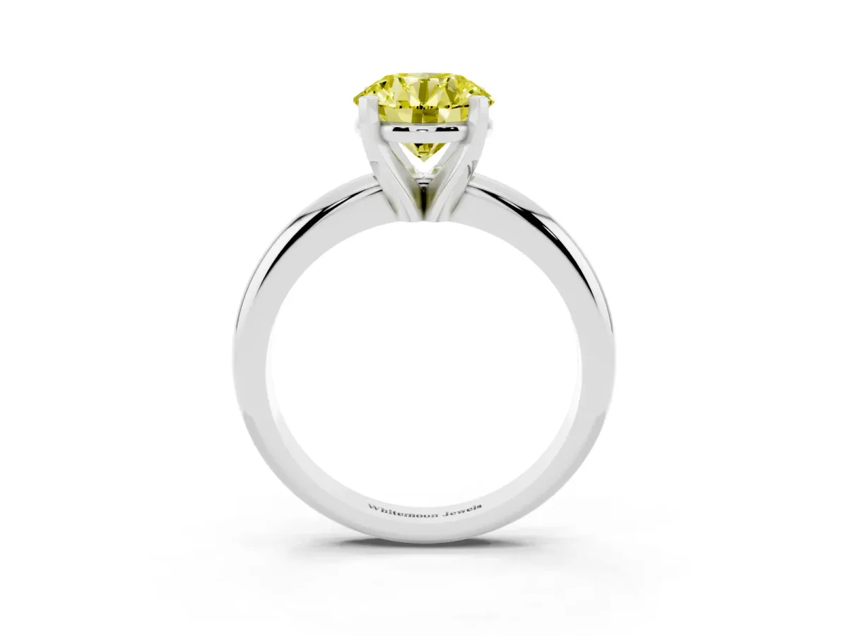 Fancy Yellow Round Cut Diamond Solitaire Engagement Ring with Round Band and Four-Prong Setting Platinum